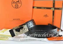 Hermes Reversible Belt Black/Black Ostrich Stripe Leather With 18K Gold Coach Buckle