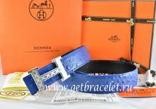 Hermes Reversible Belt Blue/Black Ostrich Stripe Leather With 18K Silver Spot Stripe H Buckle
