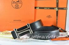 Hermes Reversible Belt Black/Black Snake Stripe Leather With 18K Black Gold Idem Buckle
