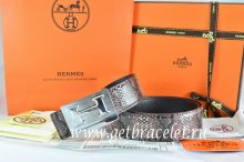 Hermes Reversible Belt Brown/Black Snake Stripe Leather With 18K Silver Big H Buckle