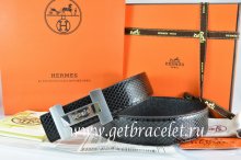 Hermes Reversible Belt Black/Black Snake Stripe Leather With 18K Silver H Logo Buckle