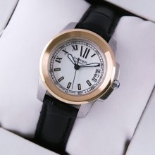 Calibre de Cartier womens watch silver dial two-tone pink gold and steel black leather strap