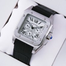 Cartier Santos 100 Chronograph watch for men stainless steel black alligator strap