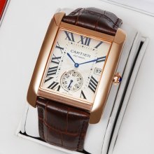 Cartier Tank MC automatic mens watch W5330001 pink gold silver dial brown leather strap