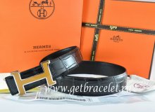 Hermes Reversible Belt Black/Black Crocodile Stripe Leather With18K Yellow Silver H Buckle