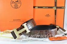 Hermes Reversible Belt Brown/Black Crocodile Stripe Leather With18K Gold Bamboo Strip Logo H Buckle