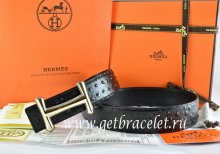 Hermes Reversible Belt Black/Black Ostrich Stripe Leather With 18K Gold Idem Buckle