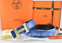 Hermes Reversible Belt Blue/Black Ostrich Stripe Leather With 18K Gold Spot Stripe H Buckle