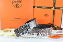 Hermes Reversible Belt Brown/Black Snake Stripe Leather With 18K Silver Lace Strip H Buckle