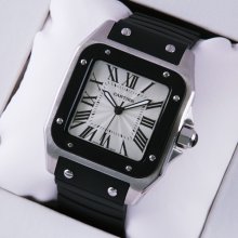 Cartier Santos 100 mens watch replica W20121U2 stainless steel black rubber strap