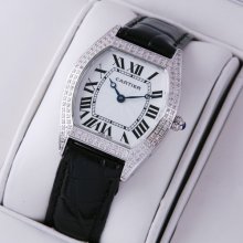 Cartier Tortue small diamond ladies watch replica stainless steel black leather strap
