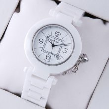 Pasha de Cartier large white ceramic unisex watch replica steel white dial