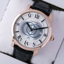 Rotonde de Cartier large silver dial black leather strap pink gold replica watch for men