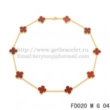 VCA Vintage Alhambra Necklace Yellow Gold 10 Motifs Carnelian Mother of Pearl 45cm
