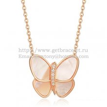 Van Cleef & Arpels Flying Butterfly Pendant Necklace Pink Gold With White Mother Of Pearl Diamonds
