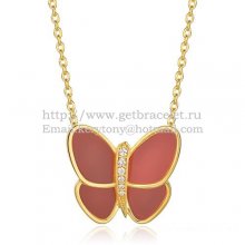 Van Cleef & Arpels Flying Butterfly Pendant Necklace Yellow Gold With Red Onyx Diamonds