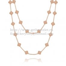 Van Cleef & Arpels Vintage Alhambra Long Necklace Pink Gold 20 Motifs With Pave Diamonds