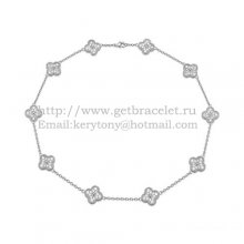 Van Cleef & Arpels Vintage Alhambra Long Necklace White Gold 10 Motifs With Pave Diamonds