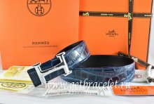 Hermes Reversible Belt Blue/Black Crocodile Stripe Leather With18K Silver Idem With Logo Buckle