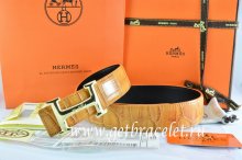 Hermes Reversible Belt Orange/Black Crocodile Stripe Leather With18K Gold Idem With Logo Buckle
