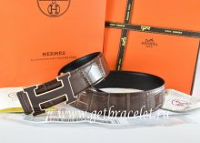 Hermes Reversible Belt Brown/Black Crocodile Stripe Leather With18K Black Gold Width H Buckle