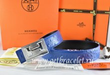 Hermes Reversible Belt Blue/Black Ostrich Stripe Leather With 18K Silver Big H Buckle