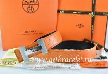 Hermes Reversible Belt Orange/Black Ostrich Stripe Leather With 18K Silver H Logo Buckle