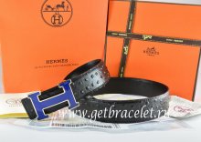 Hermes Reversible Belt Black/Black Ostrich Stripe Leather With 18K Blue Gold Width H Buckle