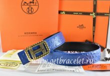 Hermes Reversible Belt Blue/Black Ostrich Stripe Leather With 18K Gold Lace Strip H Buckle