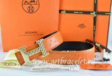 Hermes Reversible Belt Orange/Black Ostrich Stripe Leather With 18K Gold Spot Stripe H Buckle