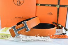 Hermes Reversible Belt Orange/Black Togo Calfskin With 18k Drawbench Silver H Buckle