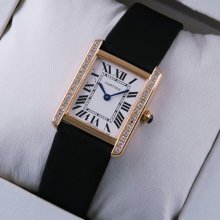 Cartier Tank Solo small swiss diamond watch replica 18K pink gold black stain strap