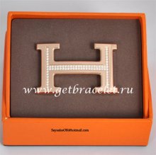 Hermes Reversible Belt 18k Rose Gold Plated H Buckle with Single Row Full Diamonds