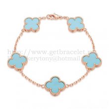 Van Cleef & Arpels Vintage Alhambra Bracelet 5 Motifs Pink Gold With Turquoise Mother Of Pearl