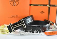 Hermes Reversible Belt Black/Black Crocodile Stripe Leather With18K Black Gold Idem Buckle