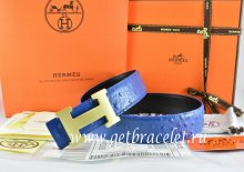 Hermes Reversible Belt Blue/Black/Black Ostrich Stripe Leather With 18K Gold H Buckle