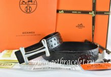 Hermes Reversible Belt Black/Black Ostrich Stripe Leather With 18K Silver Idem Buckle