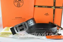 Hermes Reversible Belt Black/Black Ostrich Stripe Leather With 18K Silver Lace Strip H Buckle