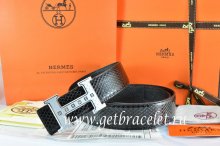 Hermes Reversible Belt Black/Black Snake Stripe Leather With 18K Silver Weave Stripe H Buckle
