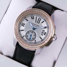 Calibre de Cartier automatic diamond watch two-tone pink gold and steel black leather strap