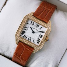 Cartier Santos Dumont diamond watch for women 18K pink gold brown leather strap