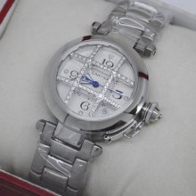 Pasha de Cartier cage design diamond watch for women steel silver dial