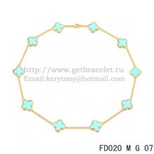 VCA Vintage Alhambra Necklace Yellow Gold 10 Motifs Turquoise Mother of Pearl 45cm
