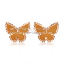 Van Cleef & Arpels Sweet Alhambra Butterfly Earrings Pink Gold With Tiger's Eye Mother Of Pearl