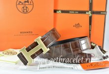 Hermes Reversible Belt Brown/Black Crocodile Stripe Leather With18K Drawbench Gold H Buckle