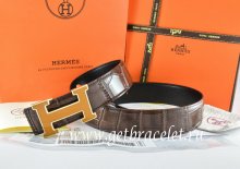 Hermes Reversible Belt Brown/Black Crocodile Stripe Leather With18K Yellow Gold H Buckle