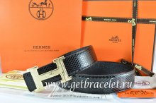 Hermes Reversible Belt Black/Black Snake Stripe Leather With 18K Gold Geometric Stripe H Buckle