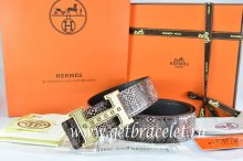 Hermes Reversible Belt Brown/Black Snake Stripe Leather With 18K Gold Weave Stripe H Buckle