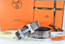Hermes Reversible Belt Brown/Black Snake Stripe Leather With 18K Silver Weave Stripe H Buckle