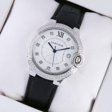 Ballon Bleu de Cartier medium steel watch with two rows diamonds black leather strap
